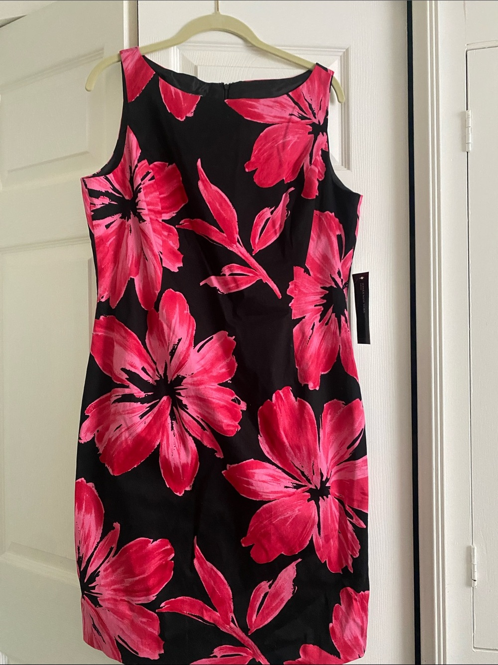 Jones New York Black Sheath Dress with Bright Pink Floral Print